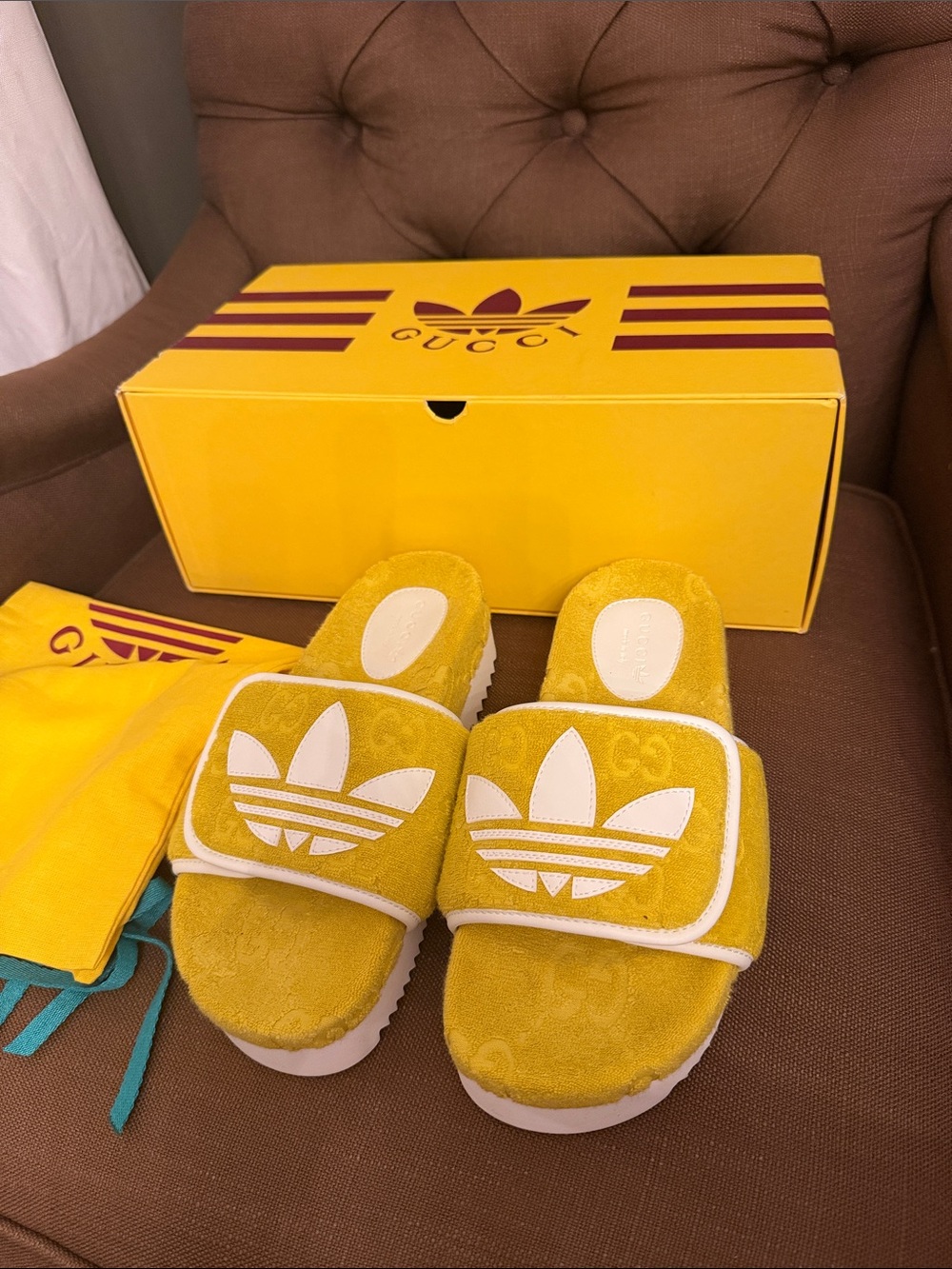 Gucci X Adidas Yellow Terry Cloth GG Monogram Platform Sandals size 39
